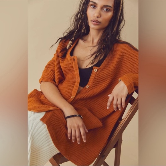 Free People Sweaters - Free People Waffle Knit Oversized Button Front Cardi Tunic Copper